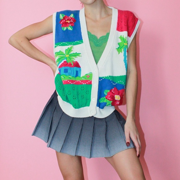 VTG 90s Colorful Crochet Tropical Motif Chunky Cotton Knit Sweater Vest - Large - Picture 2 of 10